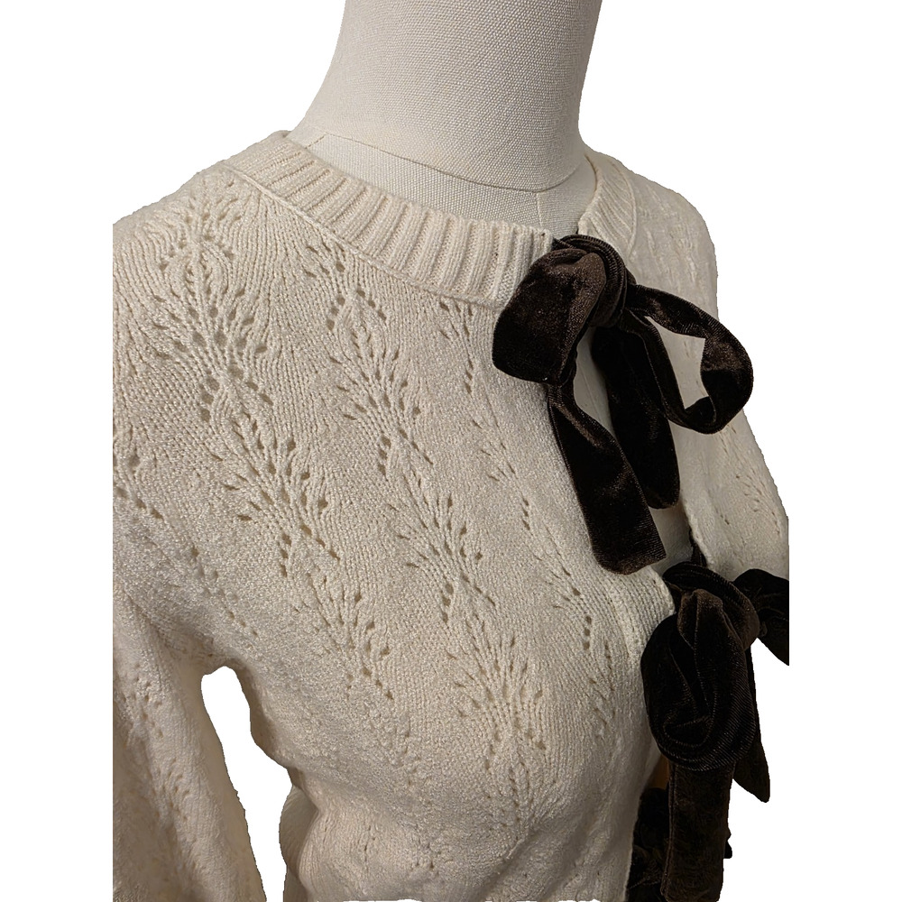 NWT S Women's Open Front Brown Velvet Tie Ivory Sweater Cardigan‎ MSRP $52